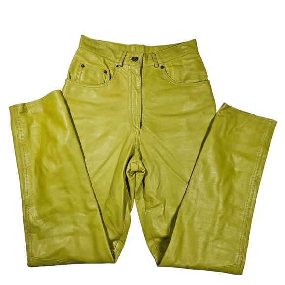 Vintage Pants - Vintage 90's High Waisted Leather Tapered Pants Lime Green Vakko Sport Womens 6